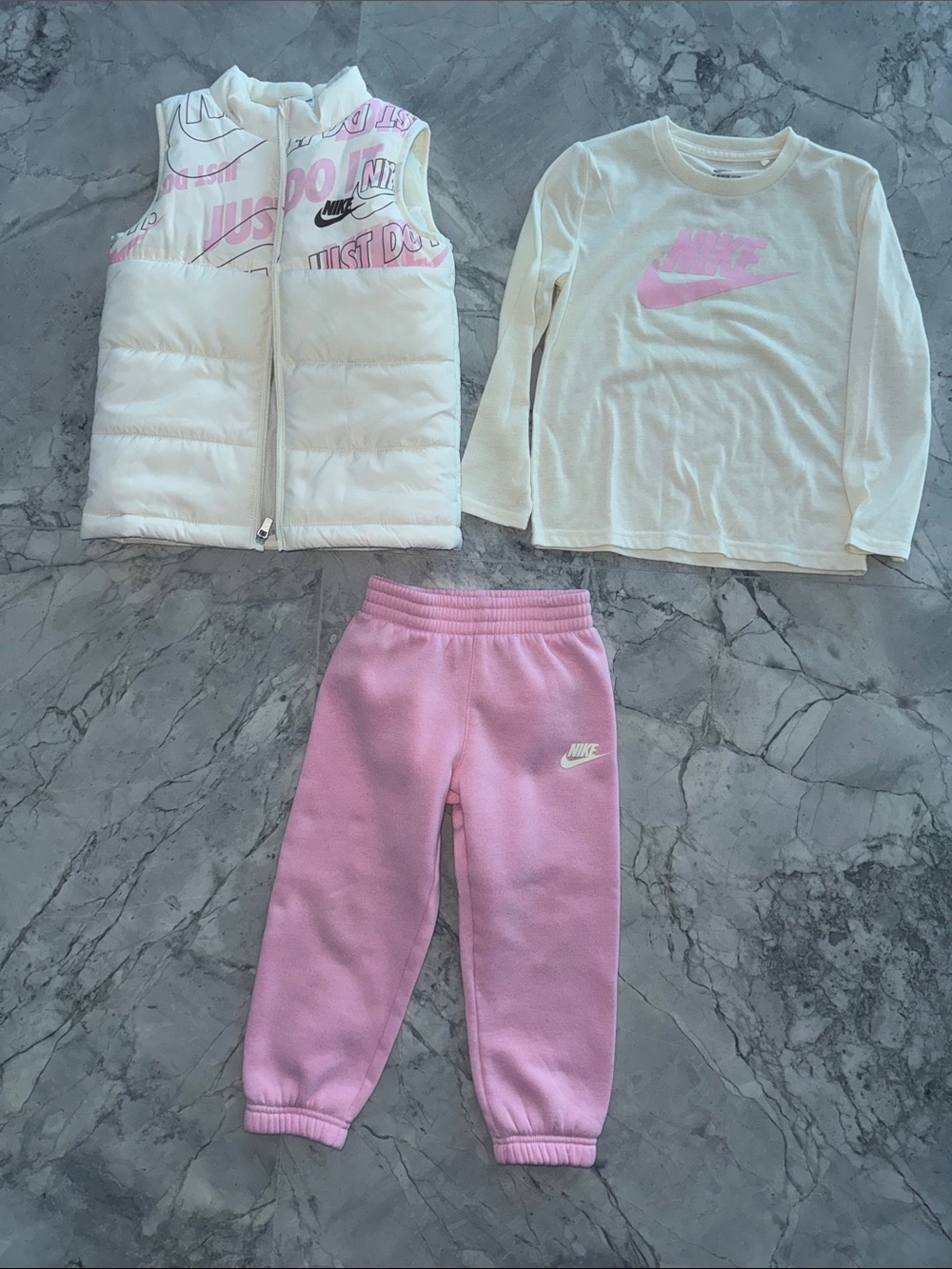 Nike White & Pink Girls 3-Piece Puffer Vest, Long Sleeve Top & Joggers Set